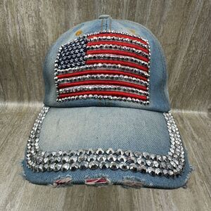 USA Bling Rhinestones Blue Jean Baseball Cap Curved Visor Hat American Flag‎